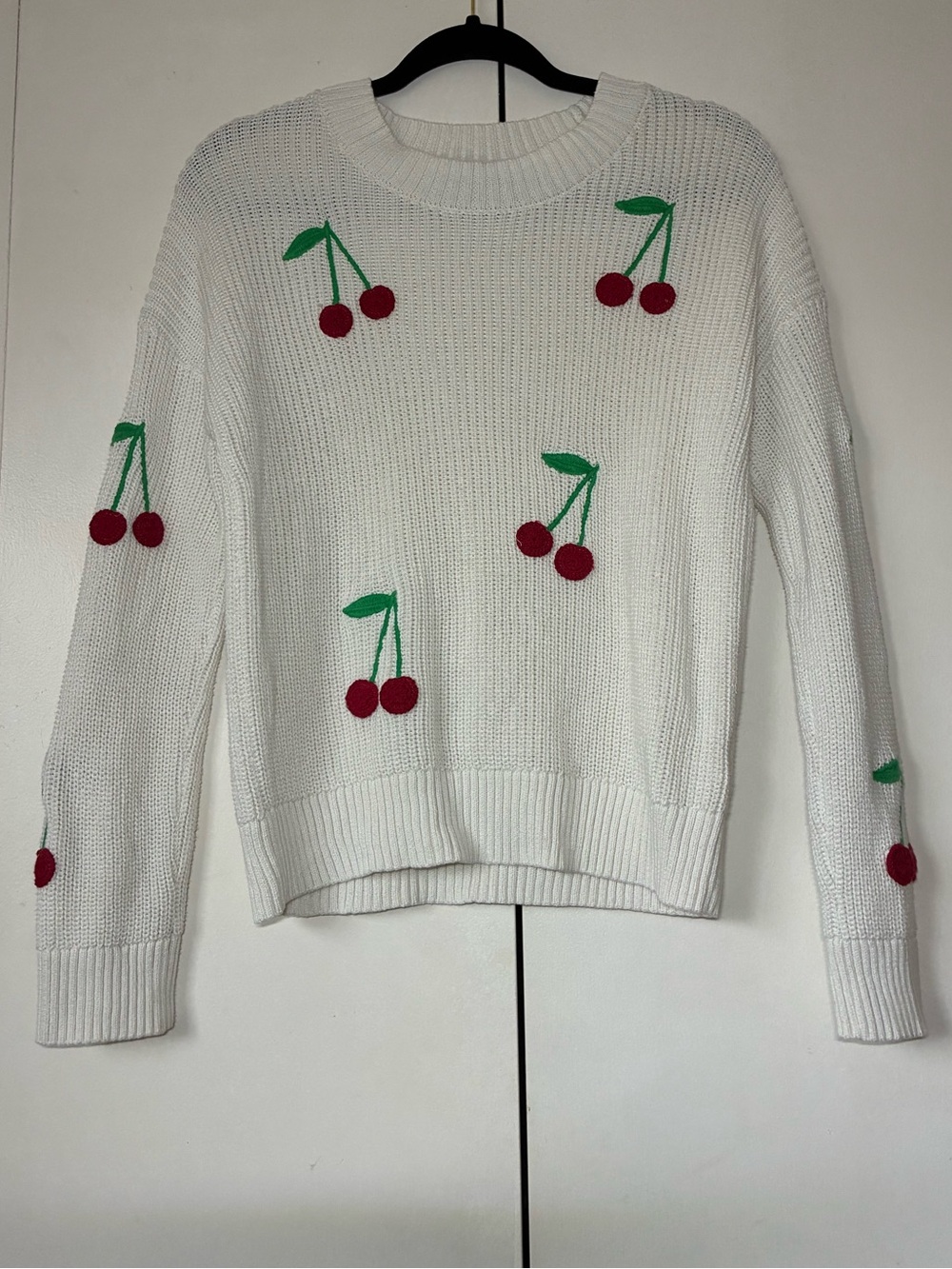 Cynthia Rowley White Knit Sweater with Red Cherry Embroidery
